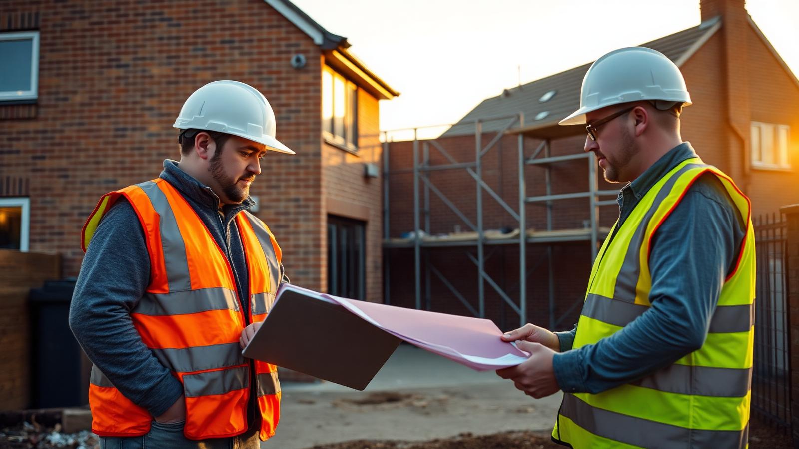 Two UK builders in hi-vis reviewing plans on a residential extension site at golden hour.